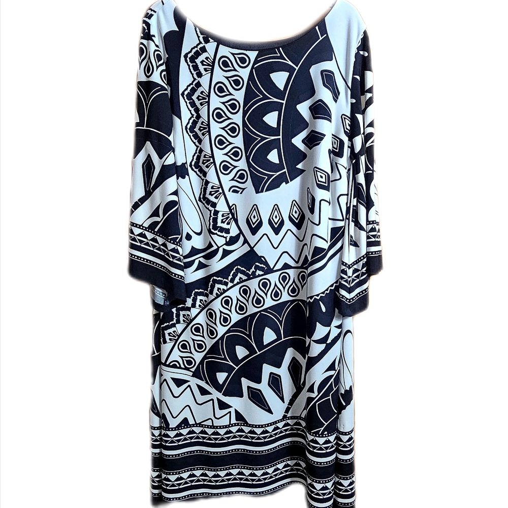 SAINT TROPEZ WEST Womens 12 Tribal Black White Midi Dress Short Sleeve